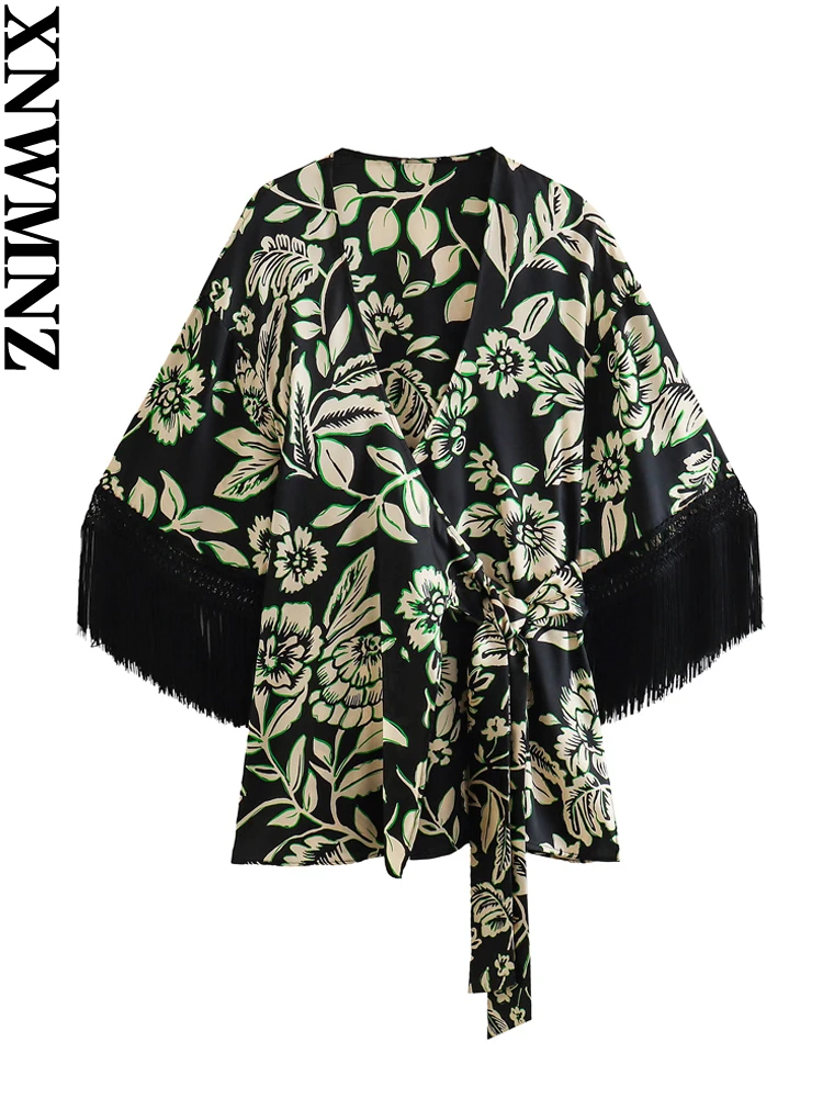 

XNWMNZ 2023 Women's Fashion Friging Print Lace Up Jacket or High Waist Straight Leg Pants Female Chic Two Piece Set