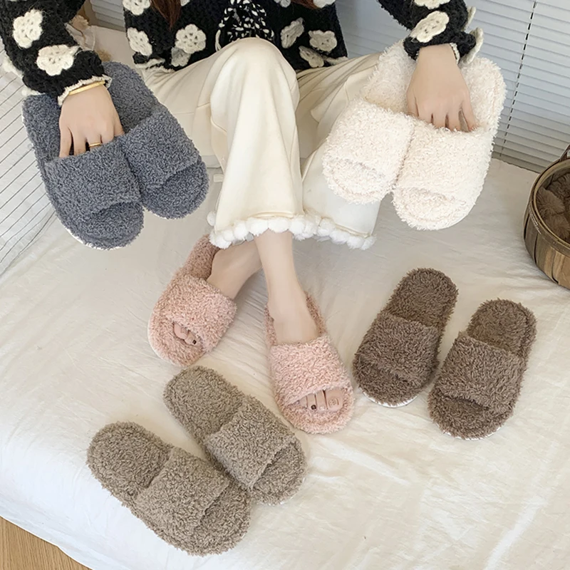 2025 Simple Faux Fur House Slippers Women Indoor Open Toe Non Slip Fluffy Slides Woman Comfort Soft Sole Warm Home Shoes Feamle