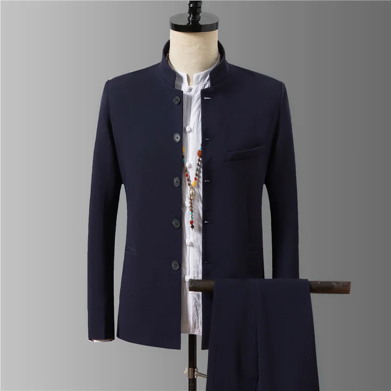 2023 Fashion New Men's Suit Boutique Chinese Style Stand Collar Single Breasted Blazer And Pant Black Gray Blue Male 2 Piece Set