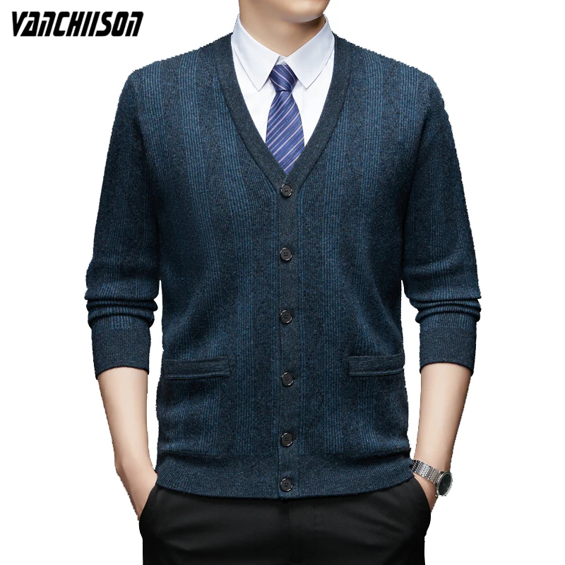 

100% Wool Top Quality Men Knit Buttons Down Cardigan Jacket Sweater Outwear V Neck Thick for Autumn Winter Stripes Vintage 2322