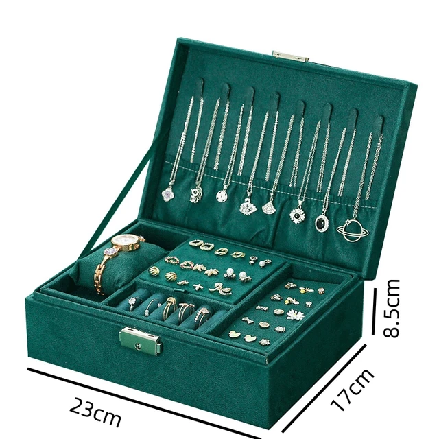 Nouveau Style Vintage vert velours boîte à bijoux Double serrure boîte de rangement collier boucles d'oreilles et bagues boîte à bijoux grande capacité