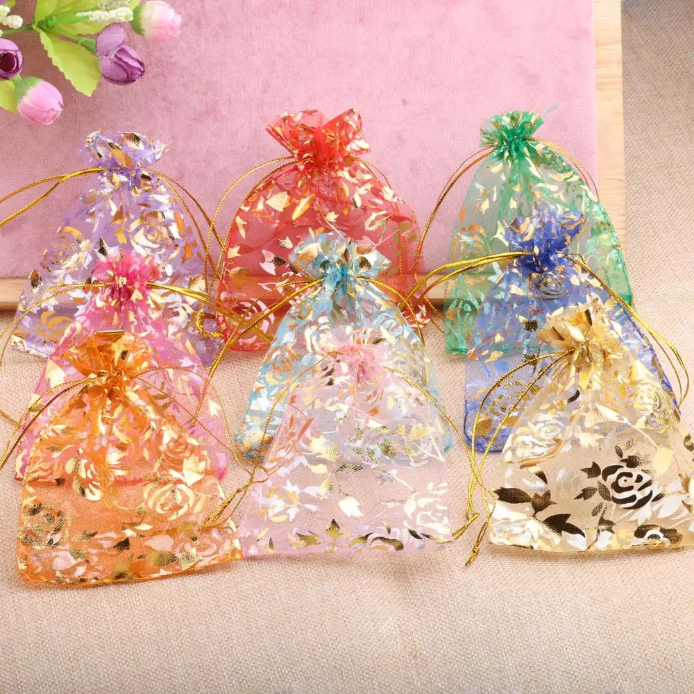 25/50 stücke Rose Organza Schmuck Tasche Gold Farbe Blume Druck Party Hochzeit Weihnachten Süßigkeiten Geschenk Kordelzug Verpackung Beutel