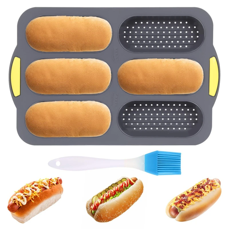 AAAN-Silicone Pan, Hot Dog Bun Pan With Oil Brush,6 Gutter Nonstick French Bread Bake Mold, French Bread Loaf Pan For Hot Dog