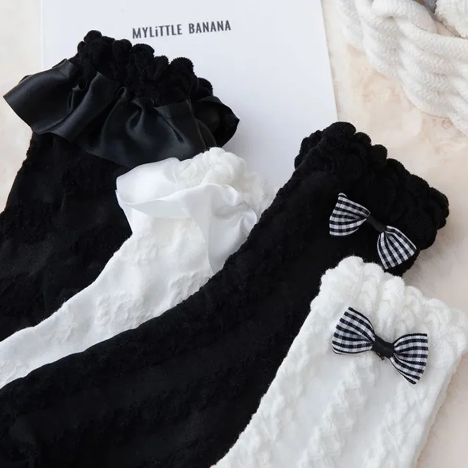 4 Paia Calzini Alti In Pizzo Con Volant Da Donna - 2 Bianchi E 2 Neri, Calze Sopra Il Ginocchio In Nylon, Per Cosplay E Lolita - 5