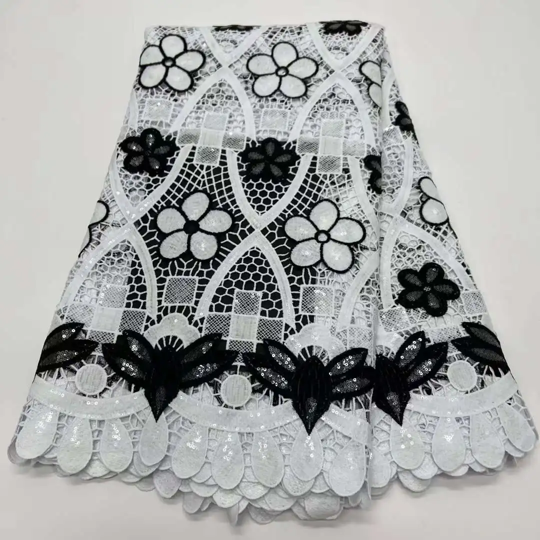 Luxury African Fabrics 3d Embroidery Guipir Sequins Lace For Women Wedding Dress 5Yards Water Soluble White Cotton Fabric
