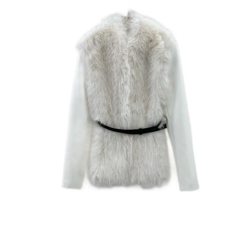 

Меховое пальто с меховым воротником, короткая облегающая модель, однотонный дизайн с поясом на талии, теплый и удобный осень/зима 2023