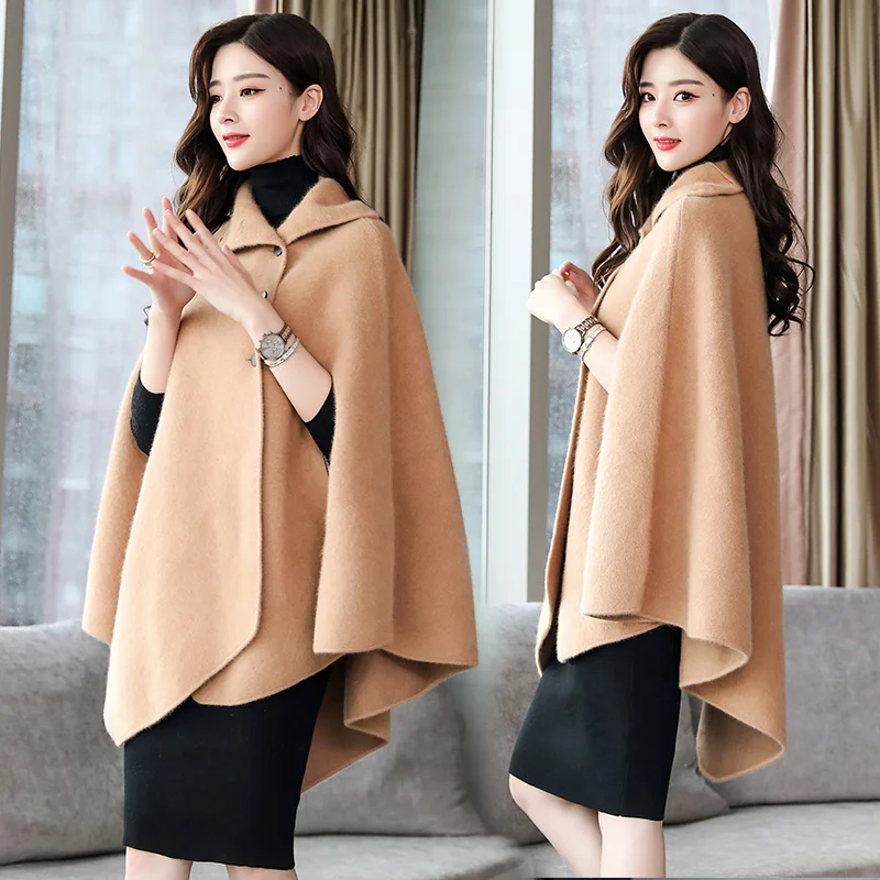 

Woolen Cloak Coat Women's Black Capes Ponchos Autumn Winter 2021 Clothing Korean Style Loose Red Shawl Irregular Cardigan Mujer