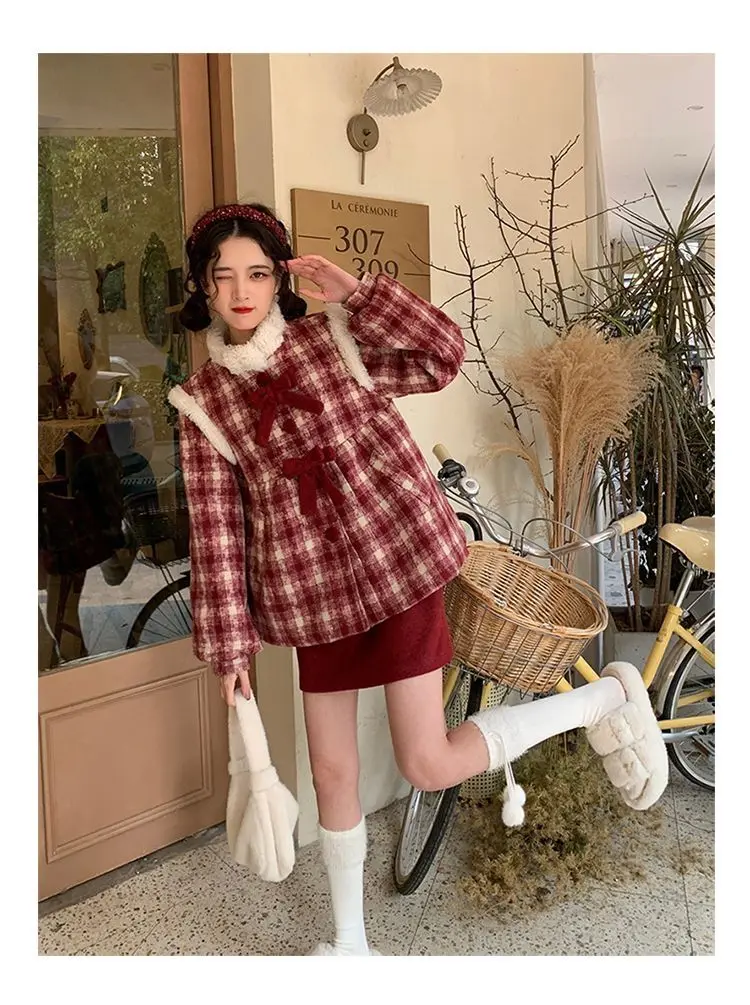 Korea Women's Sets Winter New Fashion Temperament Fur Collar Red Plaid Loose Coats Short Woolen Dress Two Piece Women's Clothing