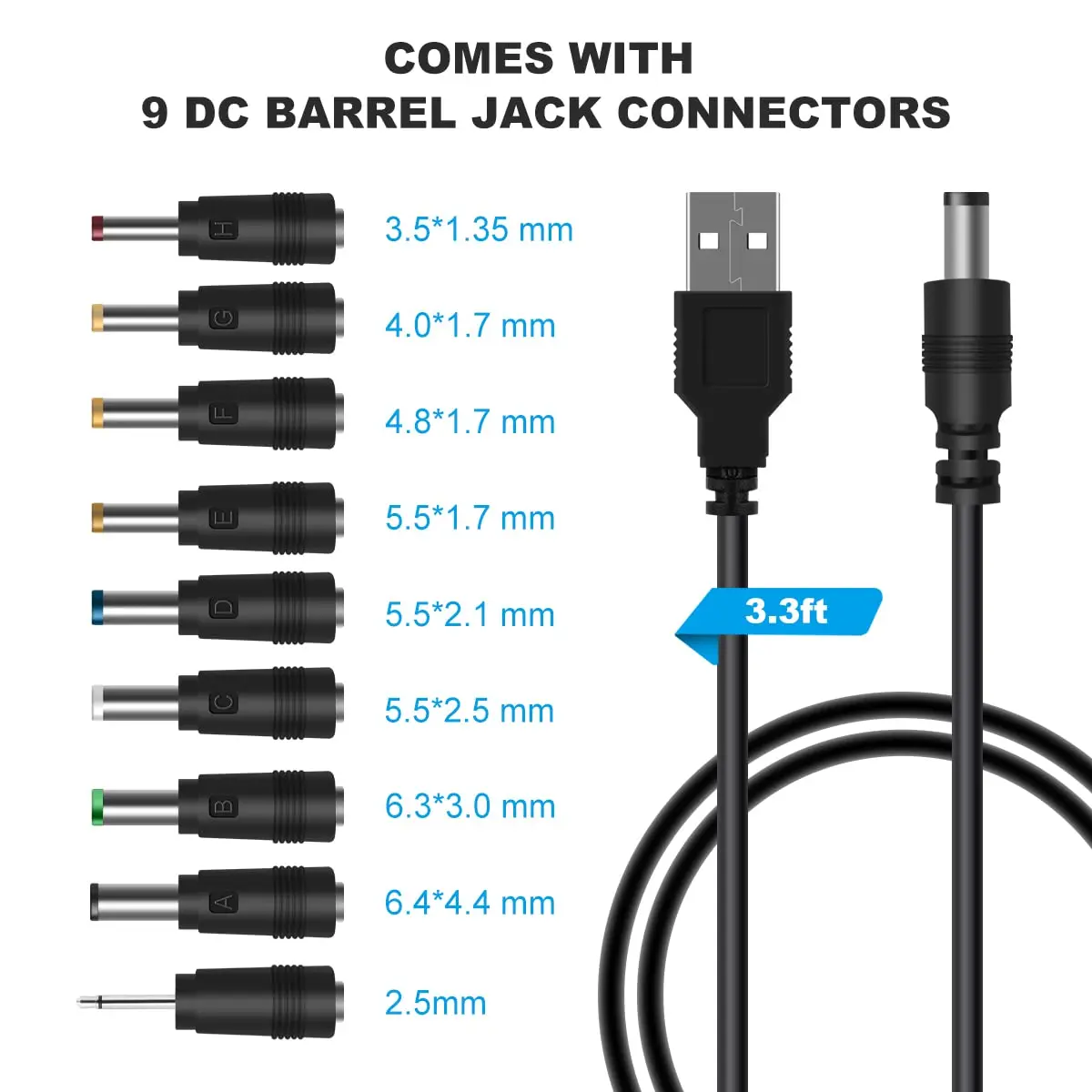 Universal USB to DC Power Cable with 9 Connectors Adapters For Massage Wand Router Moon Lamp LED Light Speaker and More
