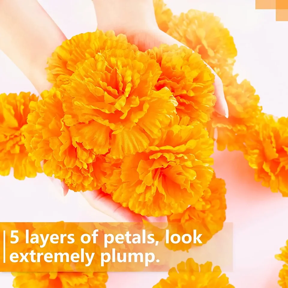 TUZAZO 50 Fiori Artificiali Di Calendula In Seta - Teste E Steli Per Decorazioni Day Of Dead, Diwali, Ghirlande Fai Da Te (Arancione, Giallo, Rosso)