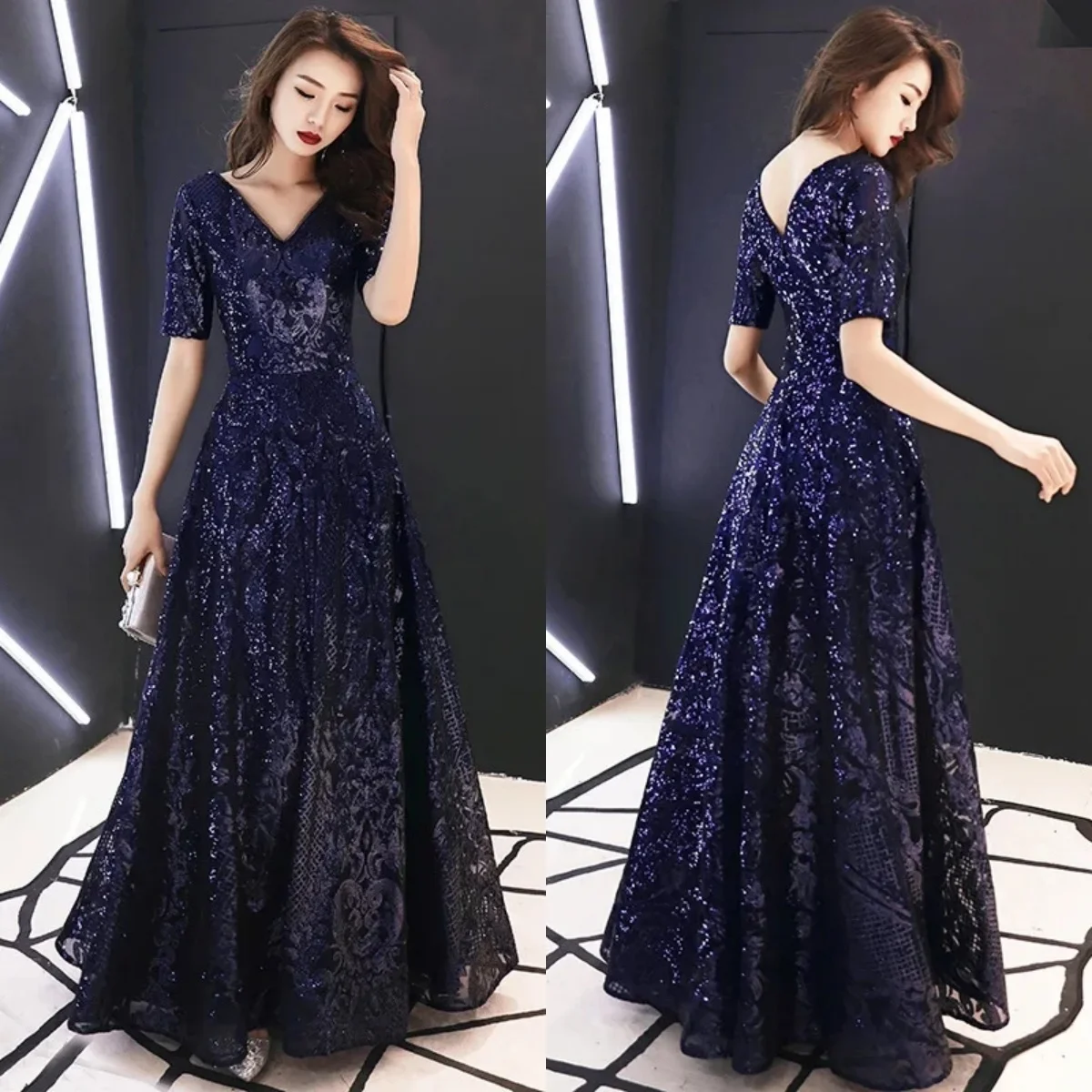 

Evening Dress Bling Navy Blue Sequins V-neck Short Sleeve A-line Floor Length Plus size Robe De Soiree Women Party Formal Gown