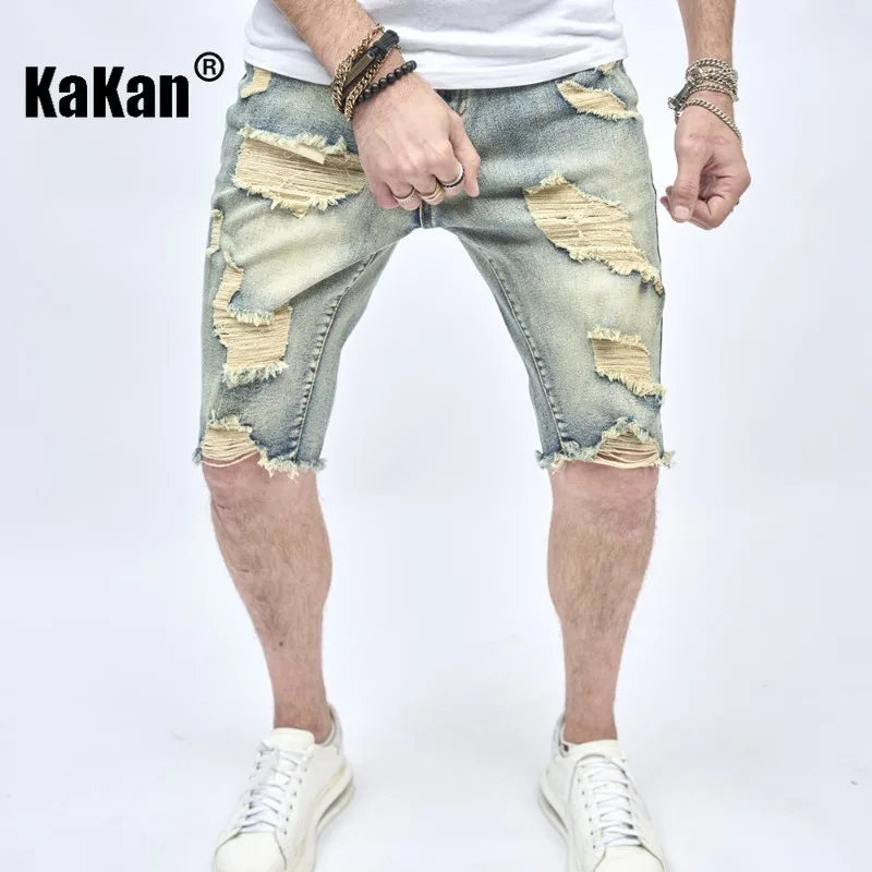Kakan - European and American New Product Men's Half Slim Fit Small Feet Scratched Jeans Trendy Youth Perforated Shorts Jeans