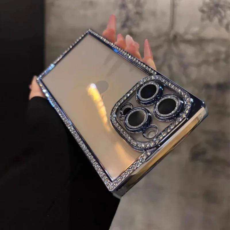 Luxury Glitter Diamond Transparent Phone Case with Square Plating and Soft Silicone Bumper Cover