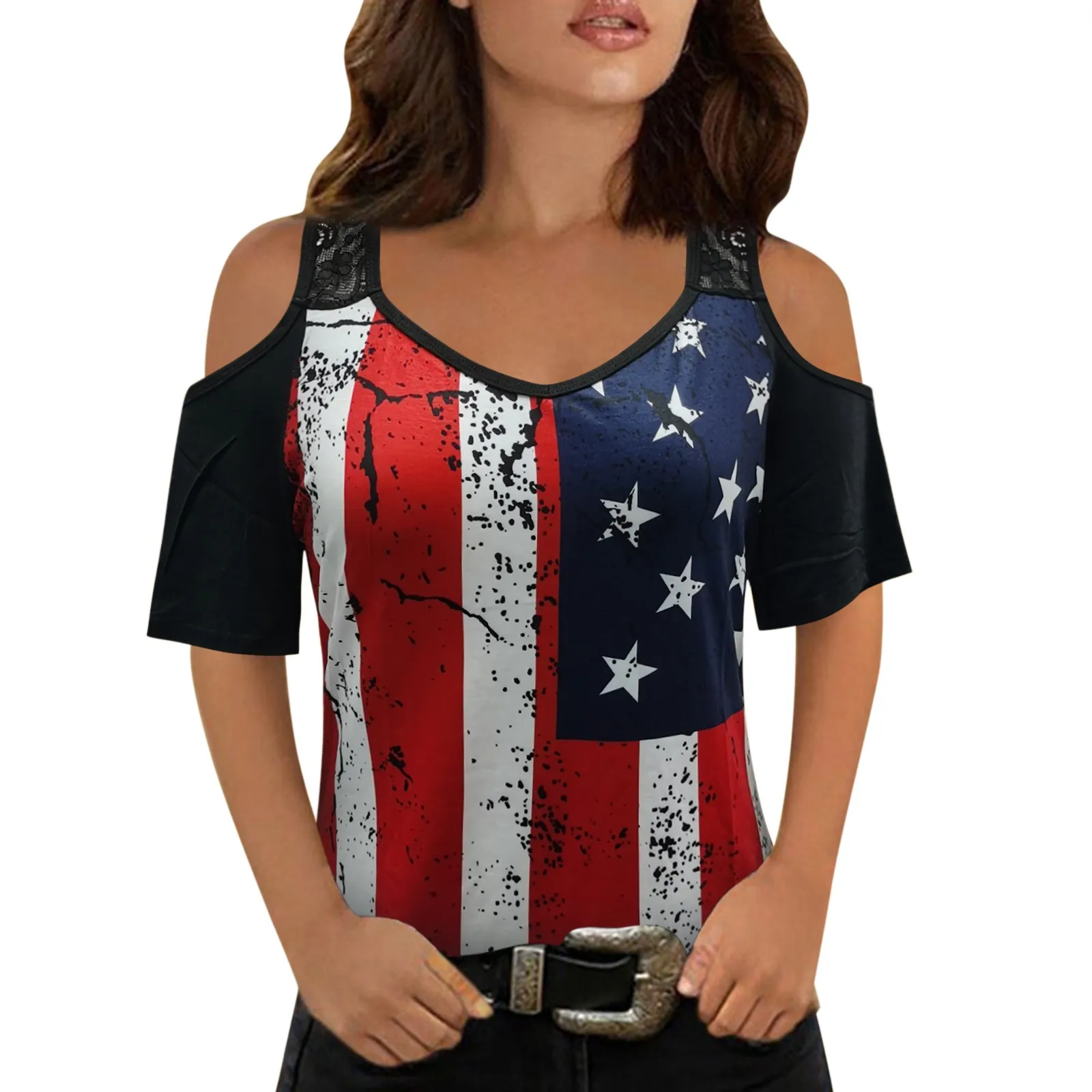 

Women Blouse Tops Hollow Shirts Lace Splicing American Flag Sexy New Fashion Slim Fit T-shirt Lady Independence Day Printed Top