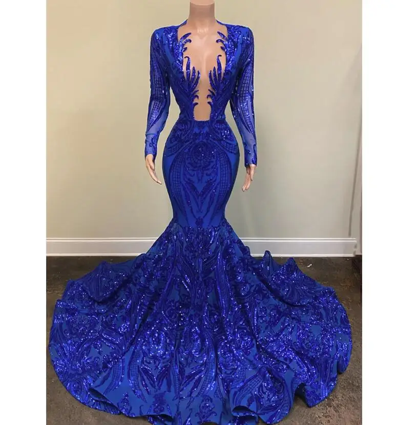 

Unique Royal Blue Evening Dresses 2022 Shinny Lace Sequins Applique Mermaid Long Sleeves Sexy Neck Prom Gowns Night Party