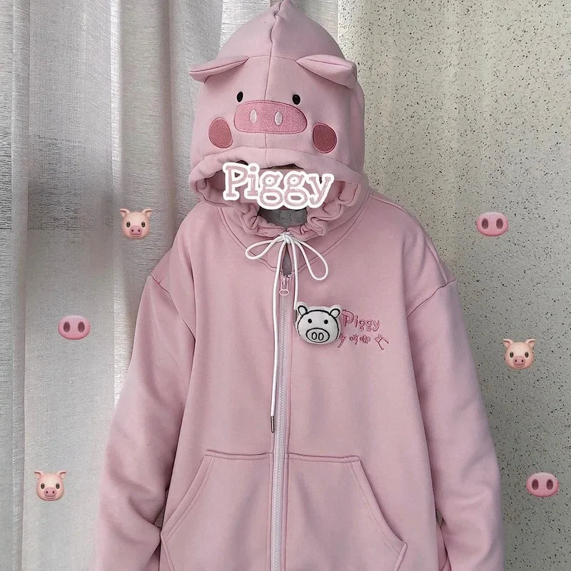 Kawaii Hoodies Sweet Cute Pig Women Winter Fashion Pink Zip Up Hoodies Oversize Long Sleeve Cute Tops Sweatshirt Women Velvet