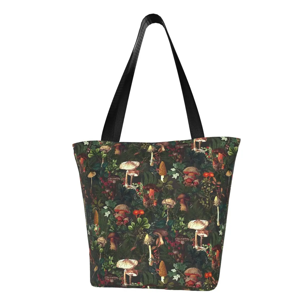 

Vintage Night Mushrooms Groceries Shopping Bag Canvas Shopper Tote Shoulder Bag Large Capacity Botanical Forest Garden Handbag