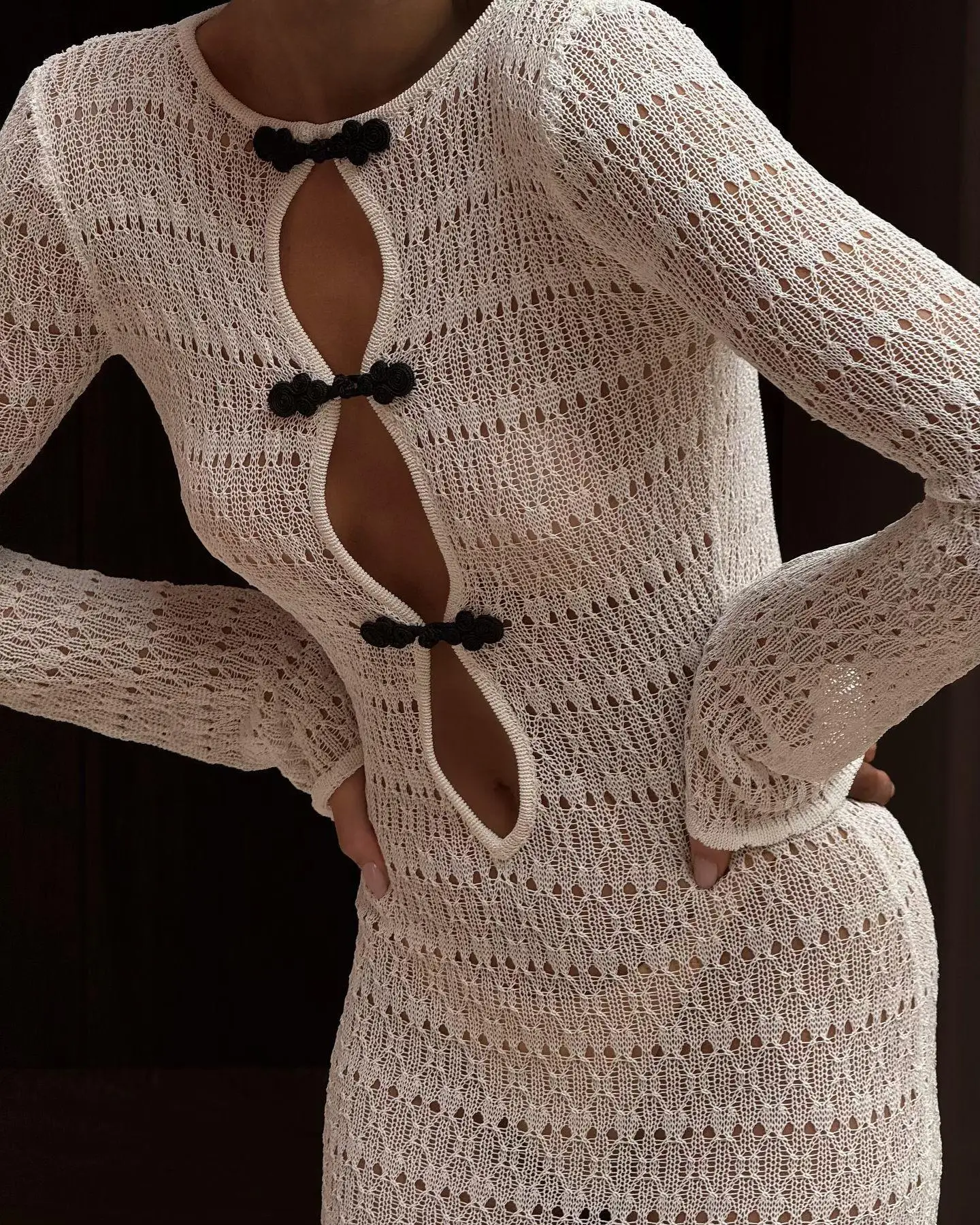 Hollow Slit Long Dress Women's Beach Cover-up Bohemian Dress Floor-length Backless Mermaid Evening Gown Sexy Knit Dress