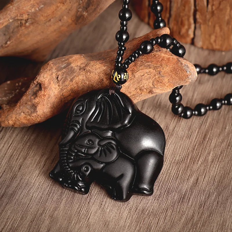 

Hand Carved Black Natural Stone Elephant Pendant Necklace Men Women Fashion Mascot Accessory Jewelry