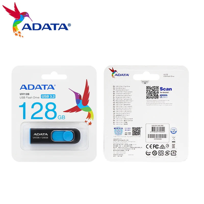 100% ADATA UV128 USB 3.2 Gen 1 펜드라이브 32GB 64GB 128GB 256GB 플래시 드라이브 메모리 스틱 컴퓨터용 플래시 드라이브