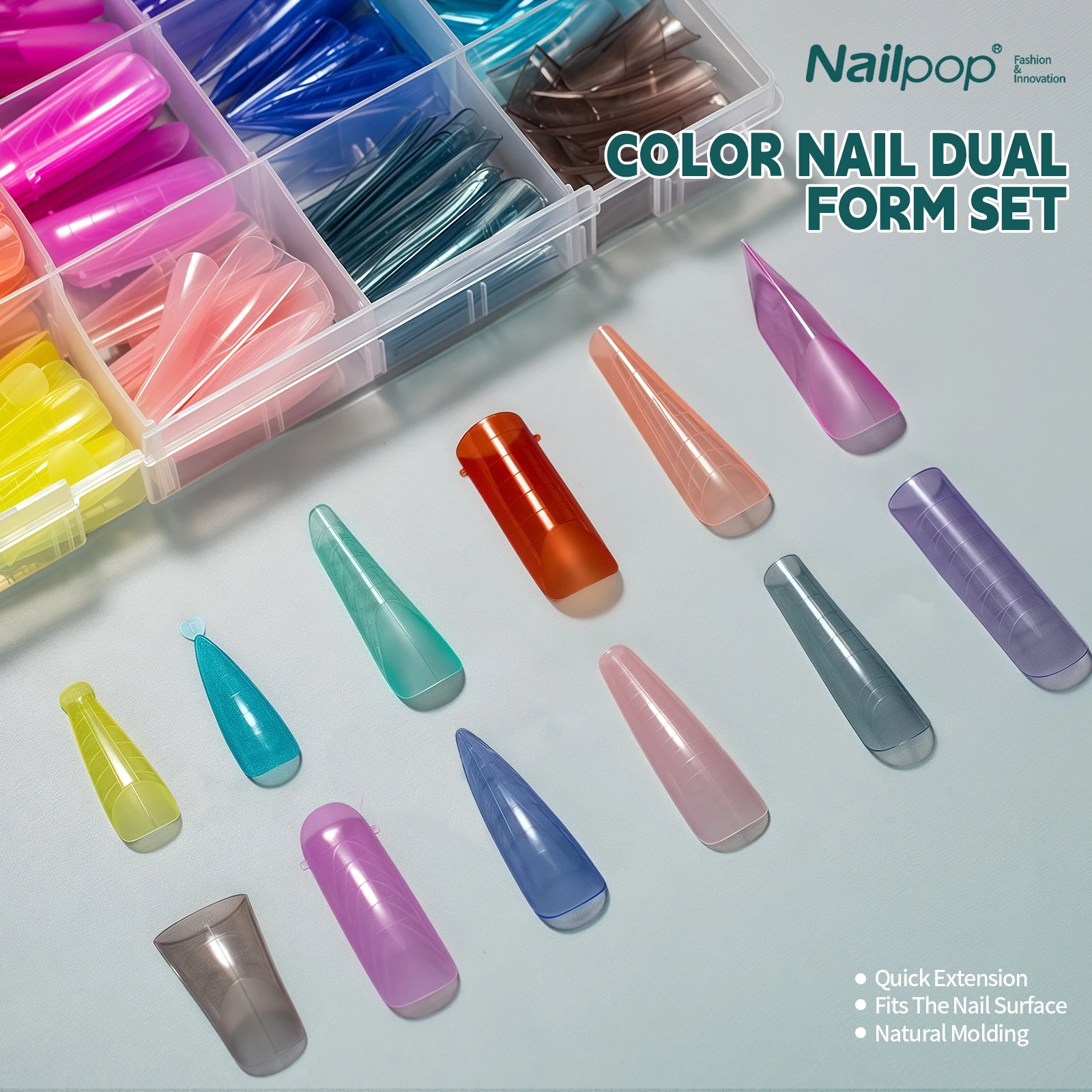 Nailpop Color Nail Dual Forms Set Full Nail Forms for Polygel Reusable Tips Extension Acrylic Dual nail forms