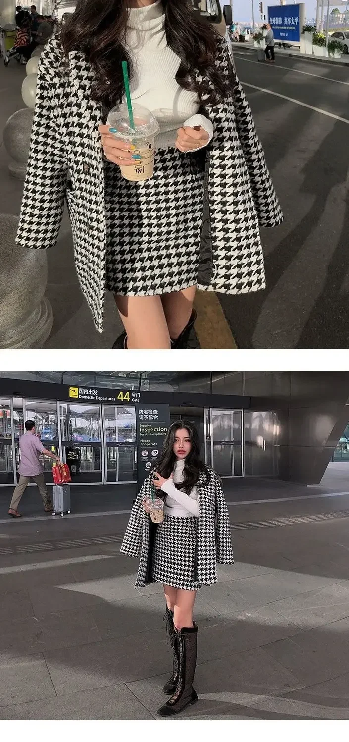 Autumn Winter Plaid Woolen Ladies 2 Piece Set Long Sleeve Suit Coat And High Waist A-line Mini Skirt Outfit photo