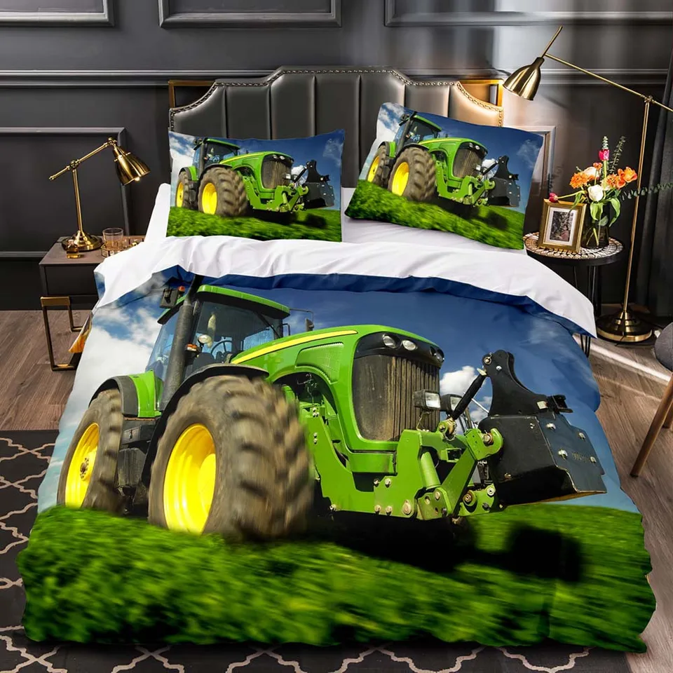 Tractorbeddengoedset, 3D-print, tractorpatroon, kinderbeddengoed, microvezel dekbedovertrekken, 3-delig met ritssluiting, voor kinderen, jongeren en jongens (tractor 3, 200 x 200 cm