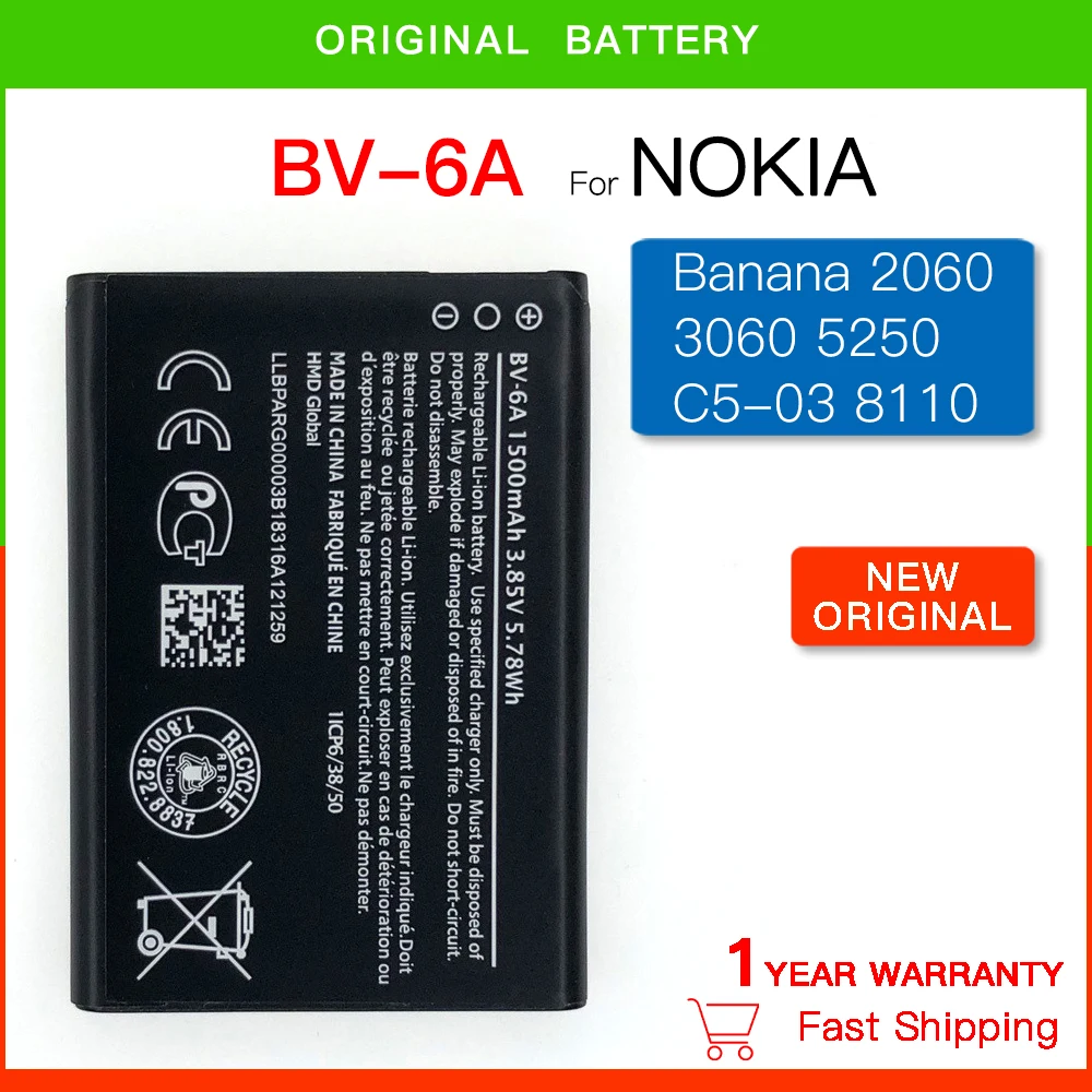 

Original 1500mAh BV 6A BV6A BV-6A Battery For Nokia Banana 2060 3060 5250 C5-03 8110 4G Batteries Batteria