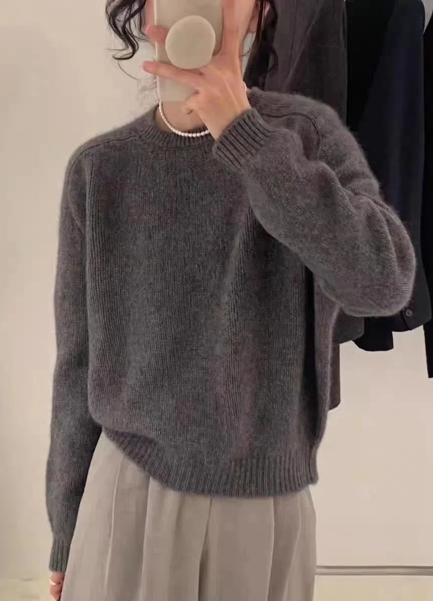 winter wool women's casual solid color round neck long sleeved loose sweater 6