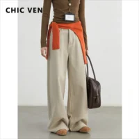 CHIC VEN Women Pants Cotton Loose High Waisted Slim Straight Leg Female Jeans Casual Wide Leg Trousers Autumn Winter 2024 1