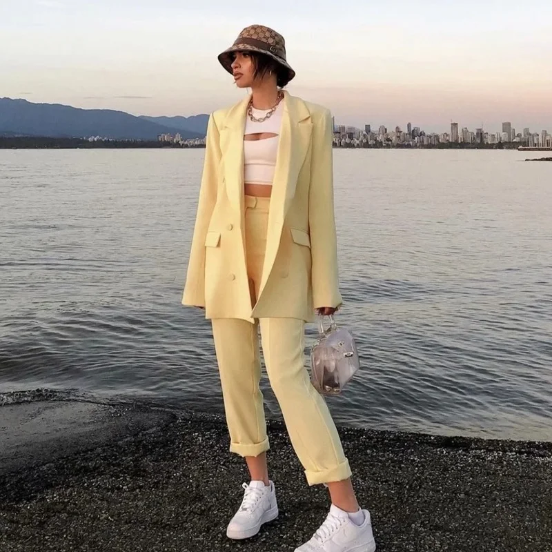 Yellow Double Breasted Casual Office Blazer + High Waist Straight Pants Suit Blazer Suit Solid Colors Two Piece Set 2024 Women