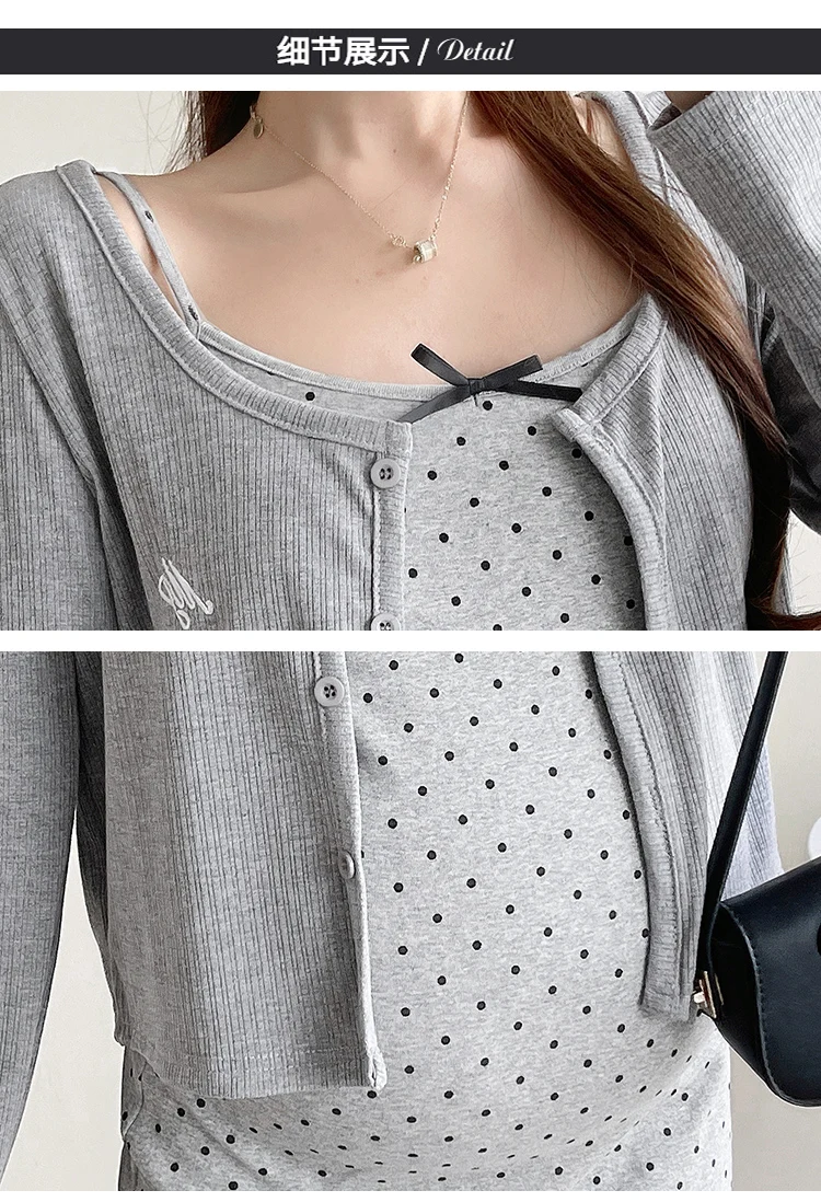 2026 봄 임부복 세트 그레이 긴팔 가디건+폴카 도트 스트랩 드레스 임산부 의류 세트