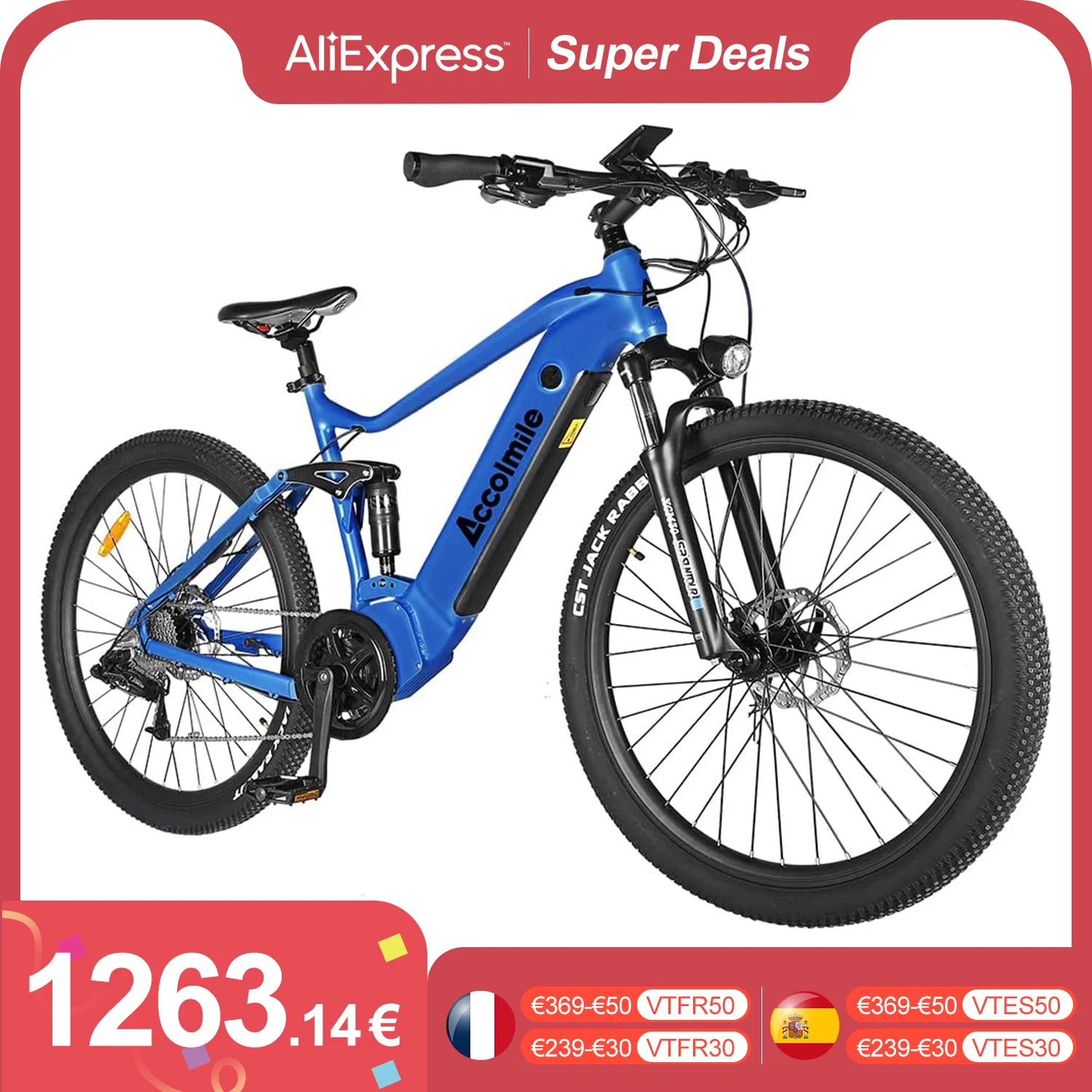 Accolmile Mountain Bike Elettrica Potente Ebike 8Fun 48V 750W Mid Drive Motor 17.5Ah Batteria Rimovibile Mtb Con Forcella Ammortizzata