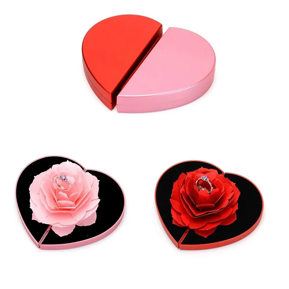 

High Quality Rings Packaging Specially Designed 3d Heart Shape Ring Box Rose Flower Ring Box Rotating