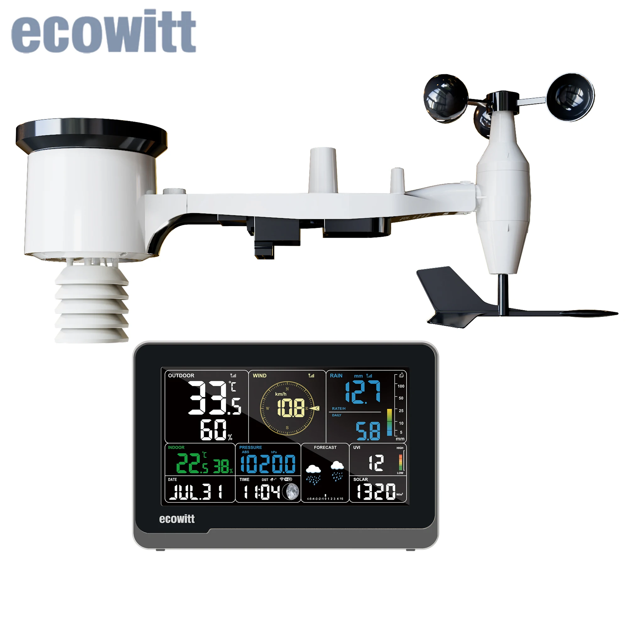 Ecowitt Ws3900 Wi-Fi Weerstation, Met 7.5Inch Kleur Lcd-Display Console En 7-In-1 Buiten Zonne-Energie Sensor Array, Ondersteuning Iot