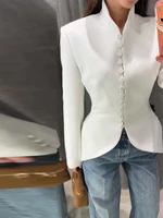 Blazer chic pour femme à col montant, simple boutonnage, cintré à la taille, manches longues, coupe ajustée, modèle 2026, pour le quotidien et les trajets 1