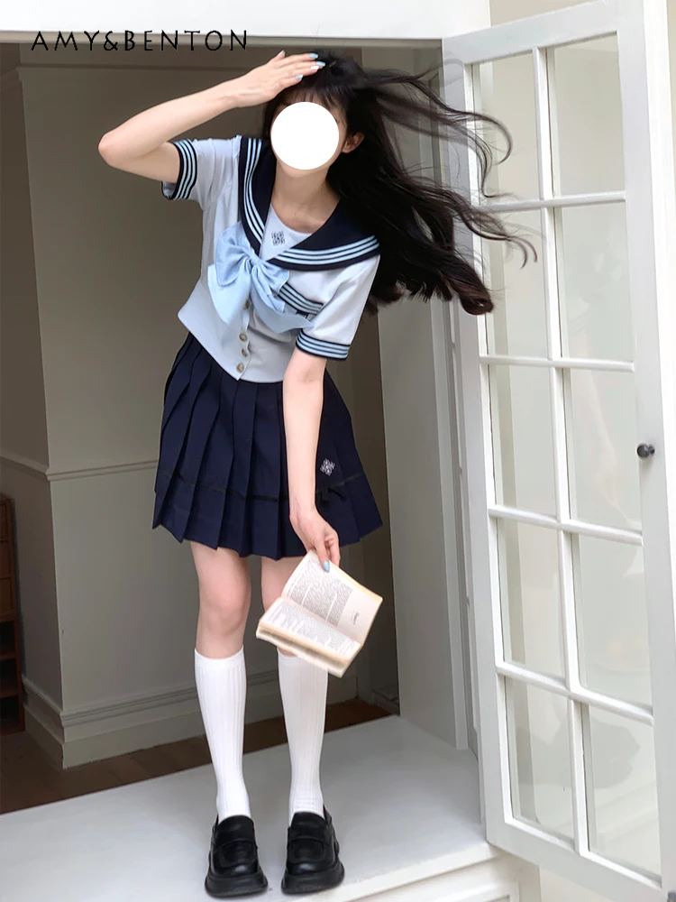 

Sailor JK Uniform Women Preppy Style Sweet Cute Patchwork Bow Short Sleeve Shirt High Waist Slim Pleated Skirt Two-Piece Set