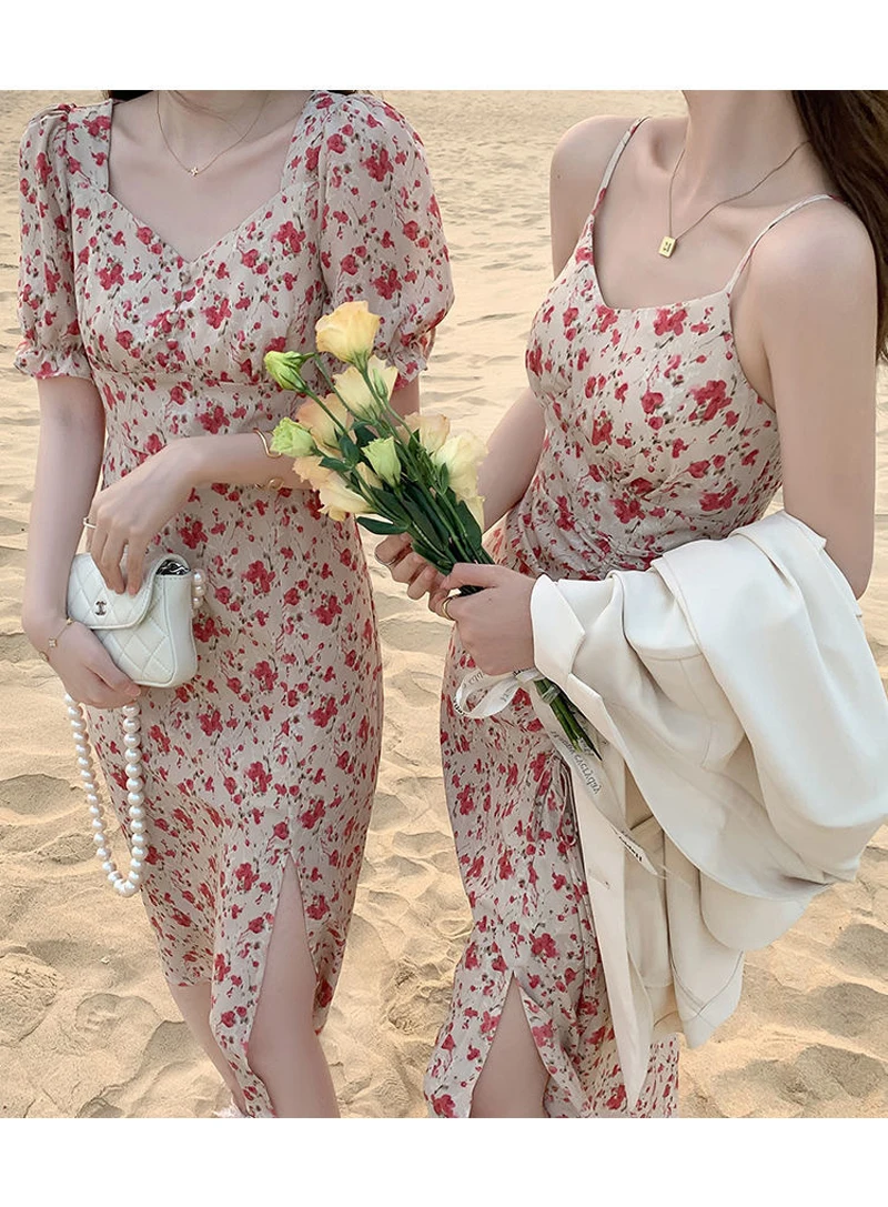 Plant Print Suspenders Pleated Holiday Beach Midi Dress main image 1