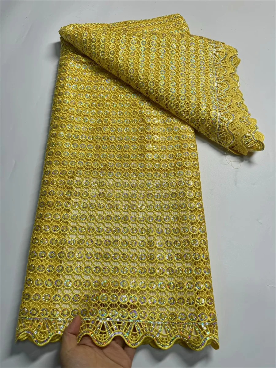 

5 Yards Yellow African Guipure Cord Lace Fabric With Sequins Nigerian Embroidered Mesh Water Soluble Material For Dress W60