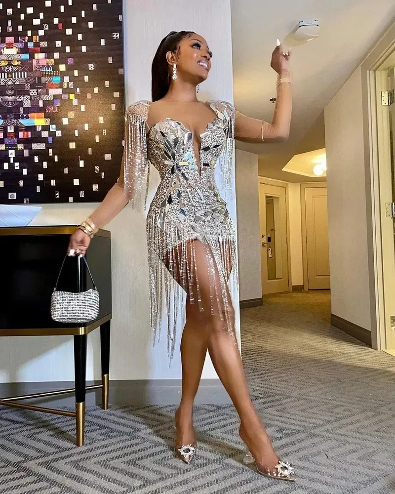 Short Golden Prom Dresses Luxury Black Girls Beaded Crystal with Tassel Birthday Cocktail Party Gowns Homecoming Customized women prom dresses