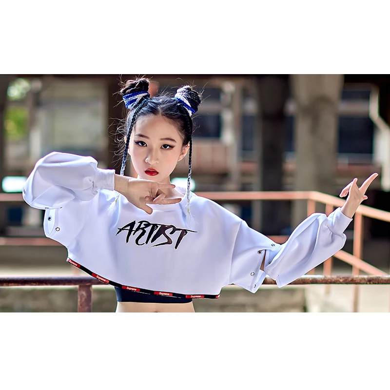 Modern Hip Hop Dance Clothes For Kids Girls Kpop Outfit White Sleeves  Cropped Vest Concert Jazz Performance Stage Costume BL8638