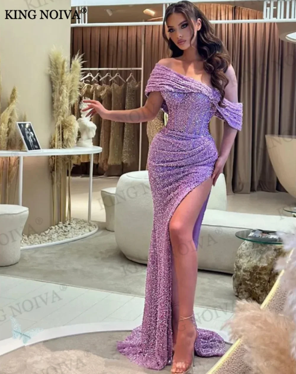 

KING Sexy Off The Shoulder Sequin Mermaid Evening Dresses 2024 Side High Split Floor Length Simple Prom Dress robe de soirée