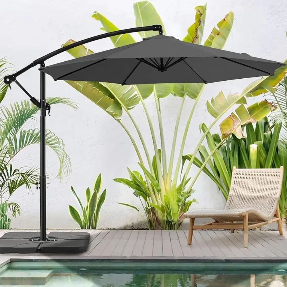 

10 FT Patio Offset Umbrella Outdoor Cantilever Umbrella Hanging Umbrellas, Fade Resistant Crank & Cross Base (Grey, 10 FT)