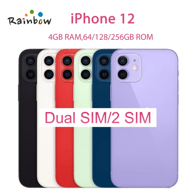 Original Apple iPhone 12 CH/A 5G 64GB/128GB/256GB LTE IOS A14 Bionic Hexa Core 6.1'' Dual 12MP Face ID e-Sim 4GB RAM NFC