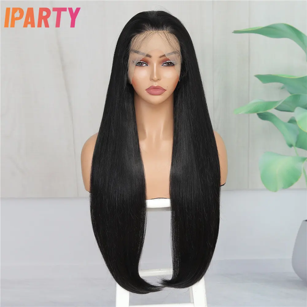 IPARTY Black Color Long Staright 13X4 Lace Front Synthetic Wigs For