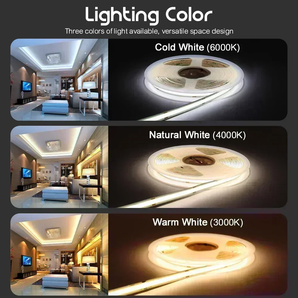LED 리본 접착제 고휘도 COB LED 스트립, 실내 LED 스트립, 야외 정원 조명 및 어댑터용 유연한 리본, 24V