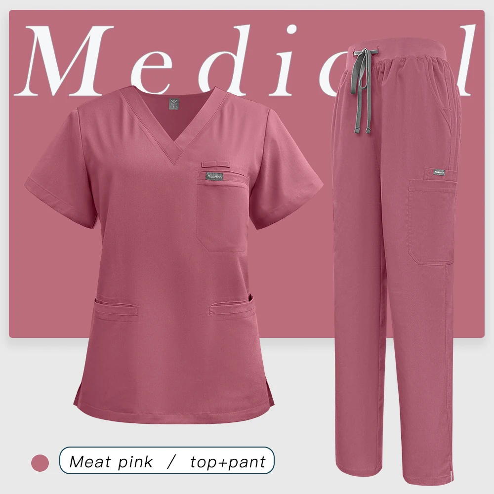 V-Neck Scrubs Top Straight Pants Uniforms Set Medical Nurse Uniforms Hospital Dentist Overalls Pharmacy Work Clothes Pocket Suit