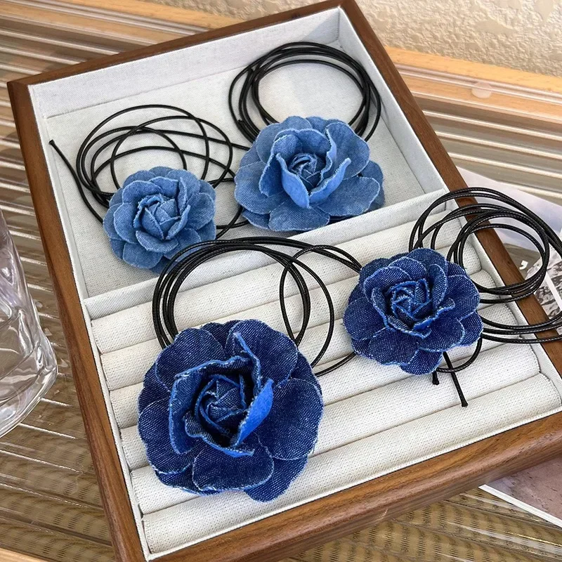 Women Jewelry Adjustable Flower Rose Pendant Choker Y2K Collarbone Chain Jeans Cloth Wax Rope Necklace