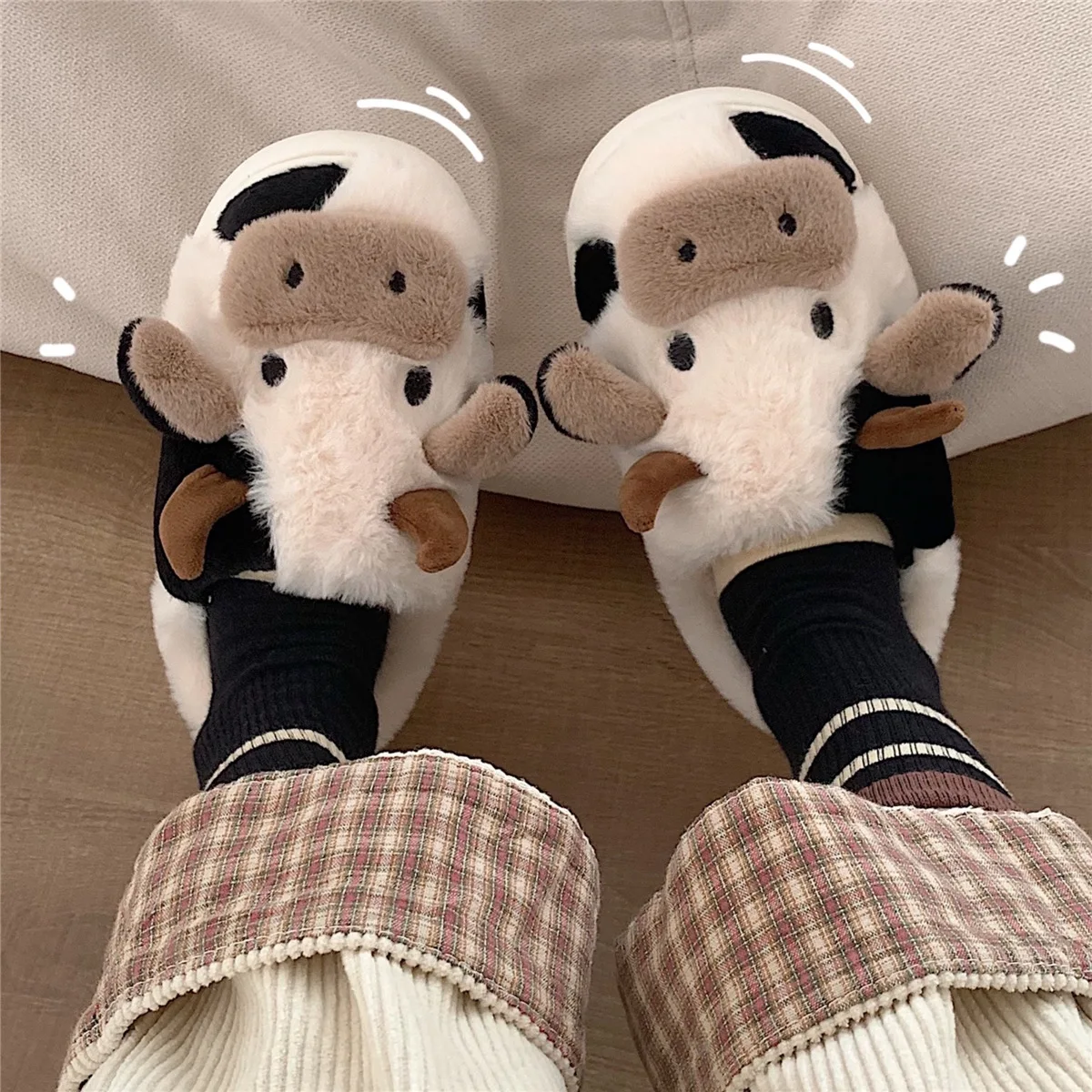 

Slipper For Women Cute Animal Girls Fluffy Winter Warm Slippers Woman Cartoon Milk Cow House Slippers Funny Shoes 2023