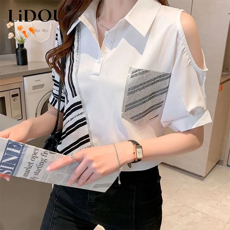 

Summer New Polo-neck Diamonds Off the Shoulder Blouse Female Short Sleeve Loose L Striped Patchwork Cardigan Tops Women Shirt